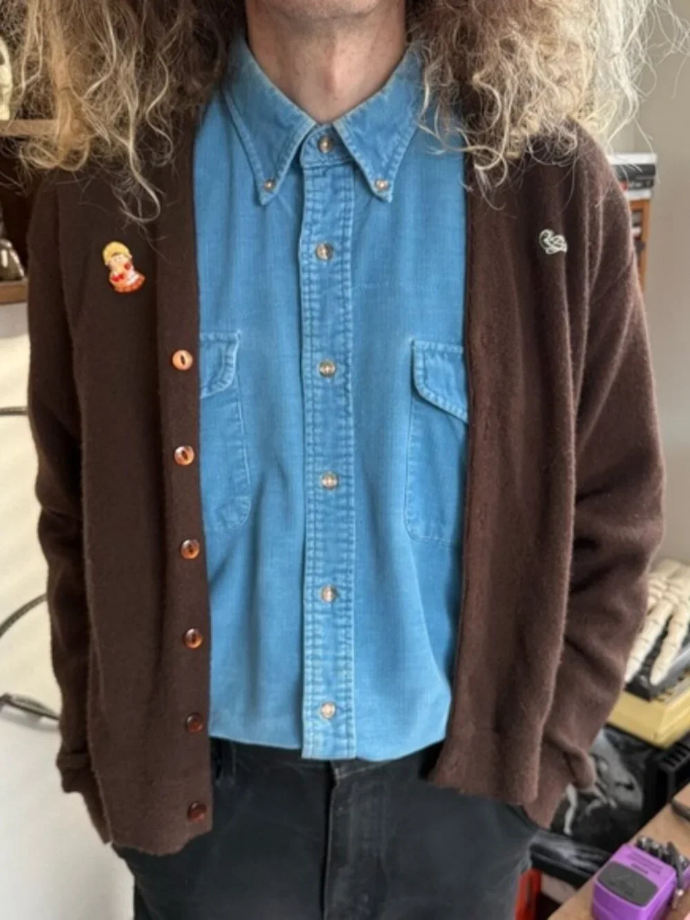 Vintage 90s Light Blue Corduroy Long Sleeve Button Down Lands' End ~ Size XL - Picture 2 of 9